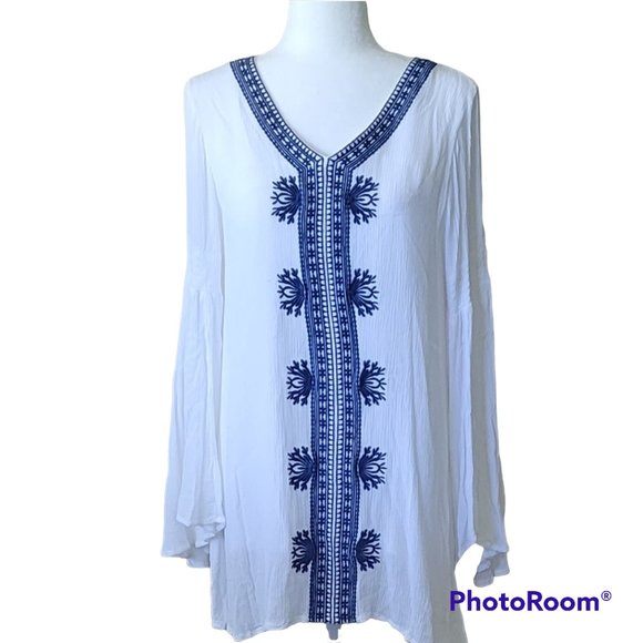 Joan Vass Embroidered Boho Bell Sleeve Tunic Oversized Longline Flowy Gauzy - Picture 2 of 11